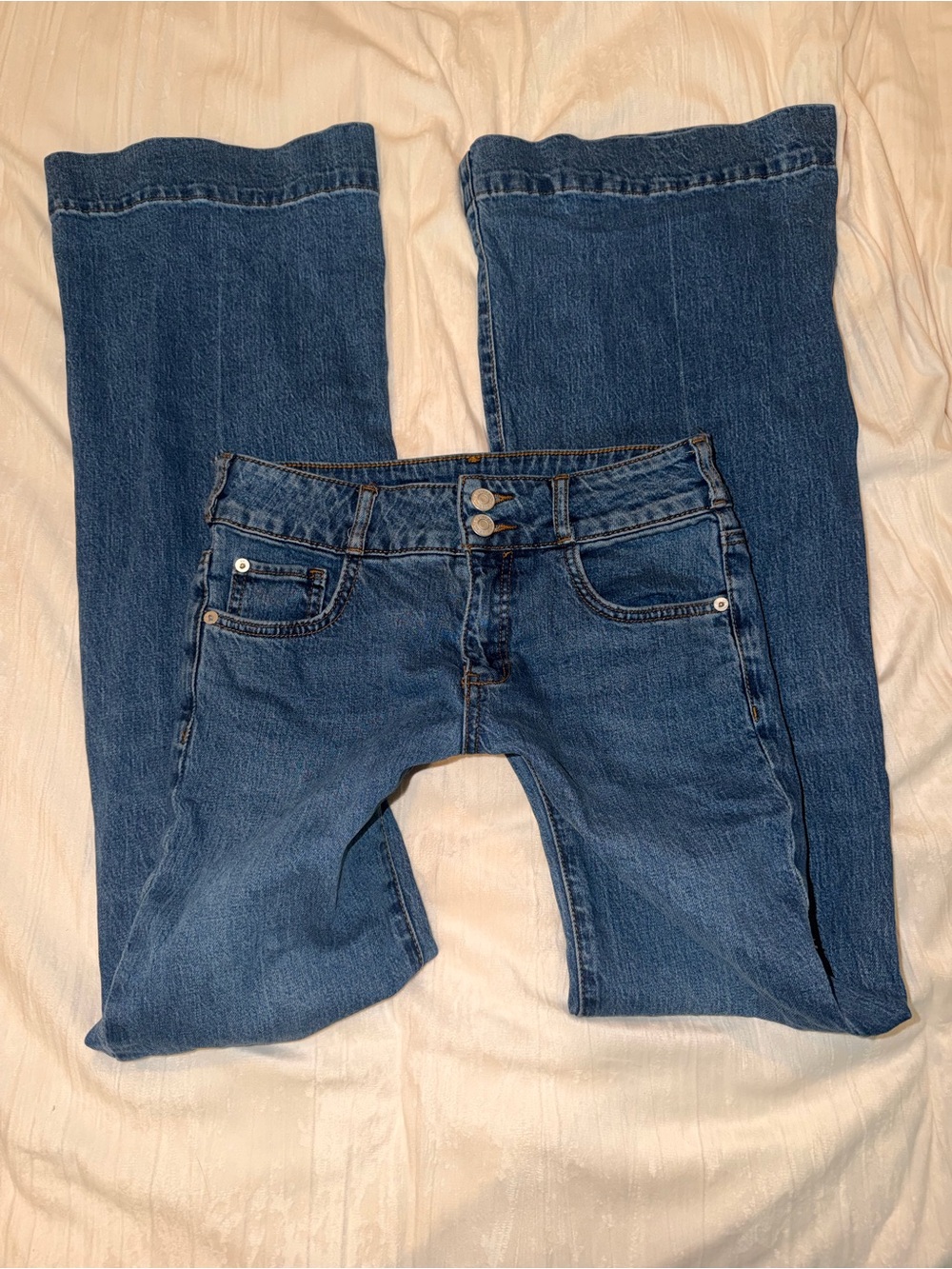 Pilcro Medium Blue Bootcut Jeans with Double Button Waist